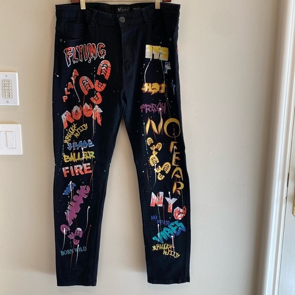 Waimea Black Slim Fit NYC Graphic Paint Jeans Size W36 - Picture 5 of 12